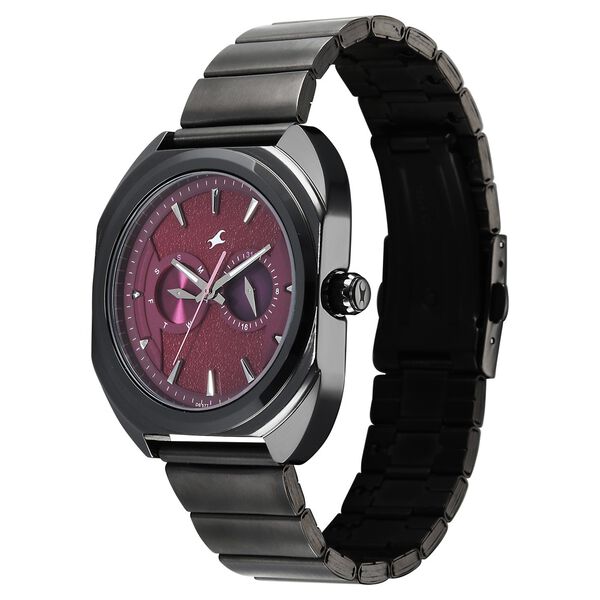 Fastrack Wild Analog with Burgandy Dial Gun Metal Strap Watch for Guys - image number 5