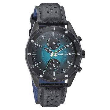 Fastrack Space Rover Quartz Multifunction Blue Dial Leather Strap Watch for Guys