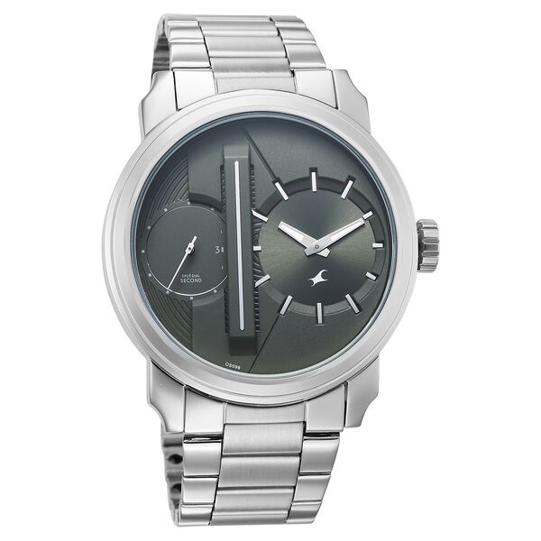 Fastrack Pulse IV Dual Time Analog Watch with Green Dial & Silver Stainless Steel Strap For Guys - image number 1