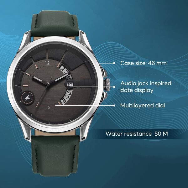 Fastrack Groove Quartz Analog with Date Grey Dial Green Leather Strap Watch For Guys - image number 2