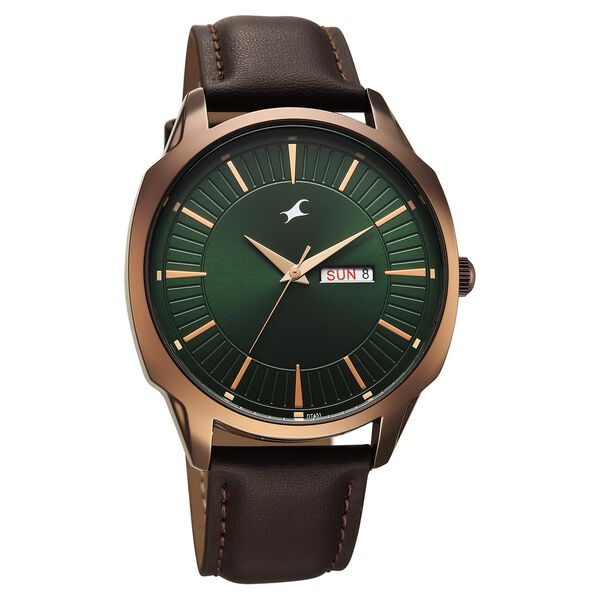 Fastrack Stunners Quartz Analog Green Dial Brown Leather Strap Watch For Guys - image number 1