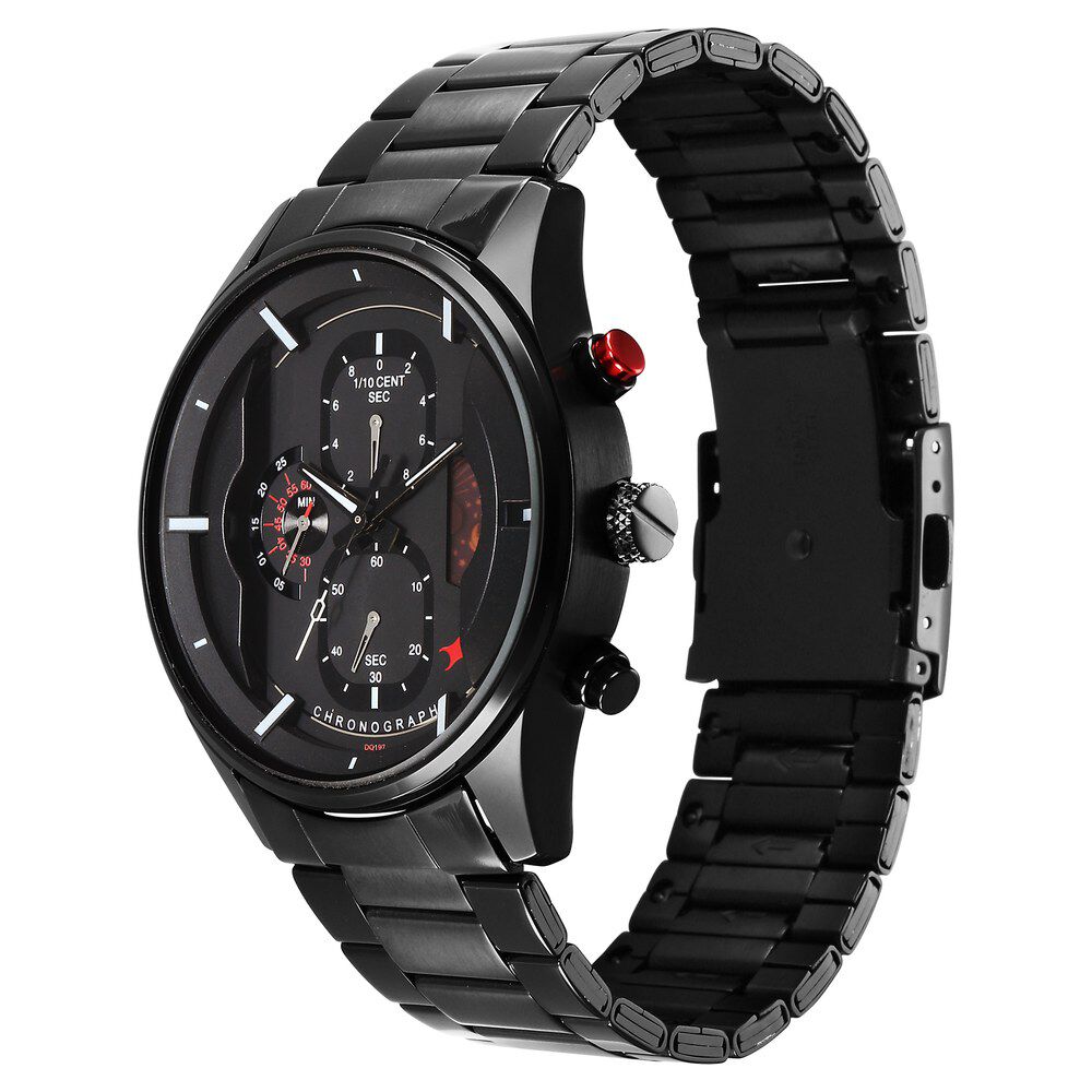 Buy Online Fastrack Opulence Sun Moon Chronograph Black Dial Black Metal Strap Analog Quartz Watch For Guys 3315km01 p Fastrack