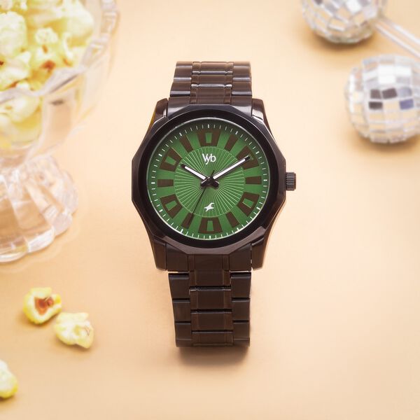 Vyb Horizon By Fastrack Quartz Analog Green Dial Metal Strap Watch For Guys - image number 0