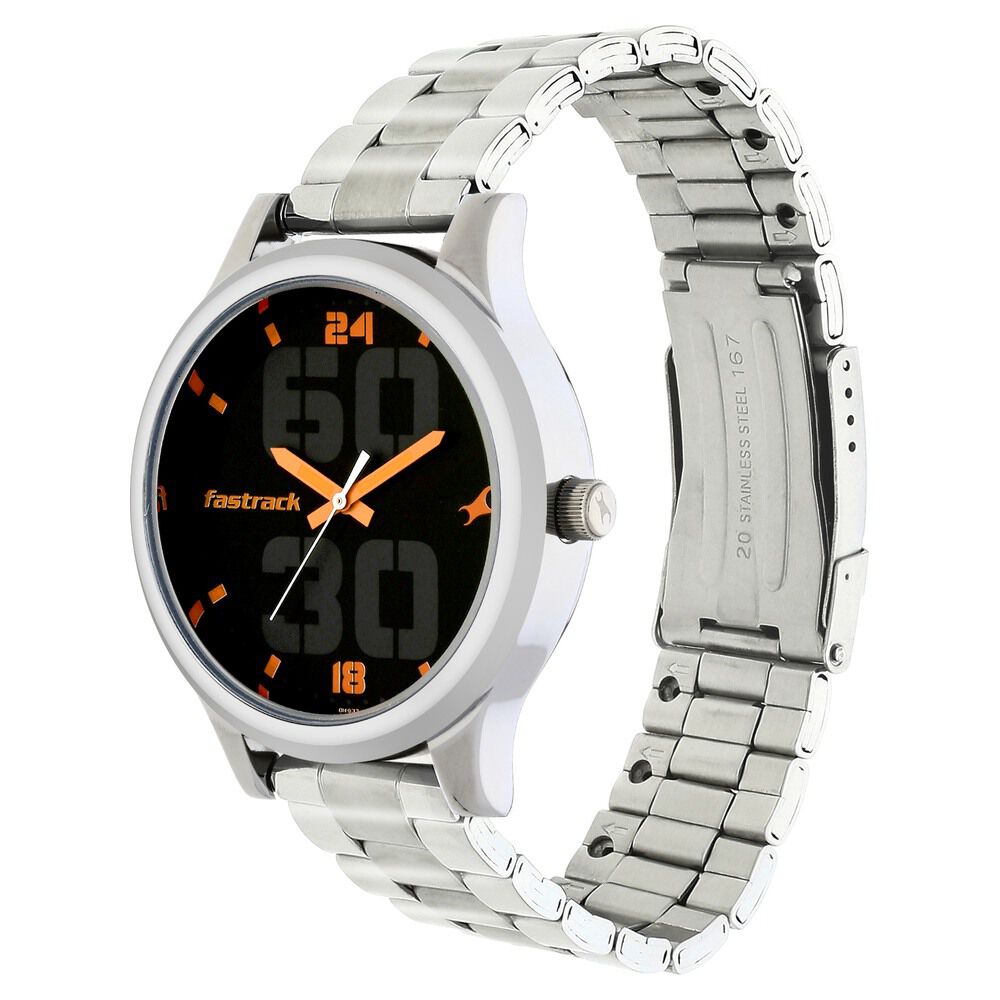 Buy Online Fastrack Bold Quartz Analog Black Dial Stainless Steel Strap Watch for Guys 38051sm08 p Fastrack