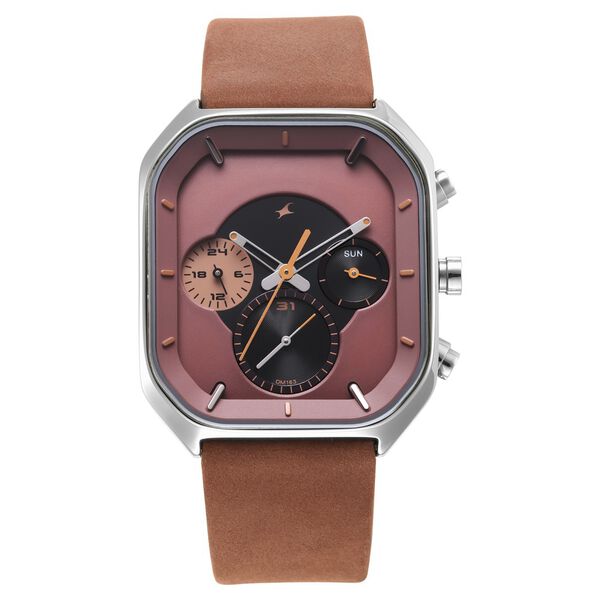 Fastrack After Dark Quartz Analog with Day and Date Brown Dial Leather Strap Watch for Guys - image number 2