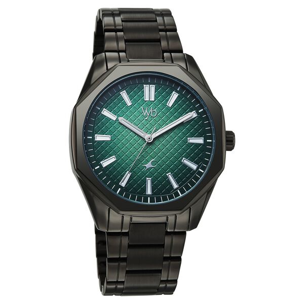 Vyb Quest By Fastrack Quartz Analog Green Dial Grey Metal Strap Watch For Guys - image number 1