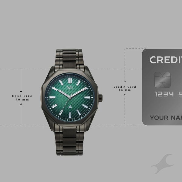Vyb Quest By Fastrack Quartz Analog Green Dial Grey Metal Strap Watch For Guys - image number 3
