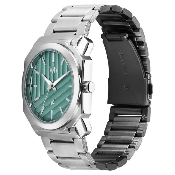 Vyb Challenger By Fastrack Quartz Analog Green Dial Silver Stainless Steel Strap Watch For Guys - image number 2