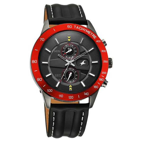 Fastrack Overdrive Quartz Chronograph Tachymeter Grey Dial Black Leather Strap Watch For Guys - image number 1