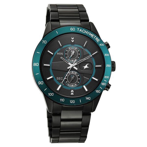 Fastrack Overdrive Quartz Chronograph Tachymeter Black Dial Black Stainless Steel Strap Watch For Guys - image number 1