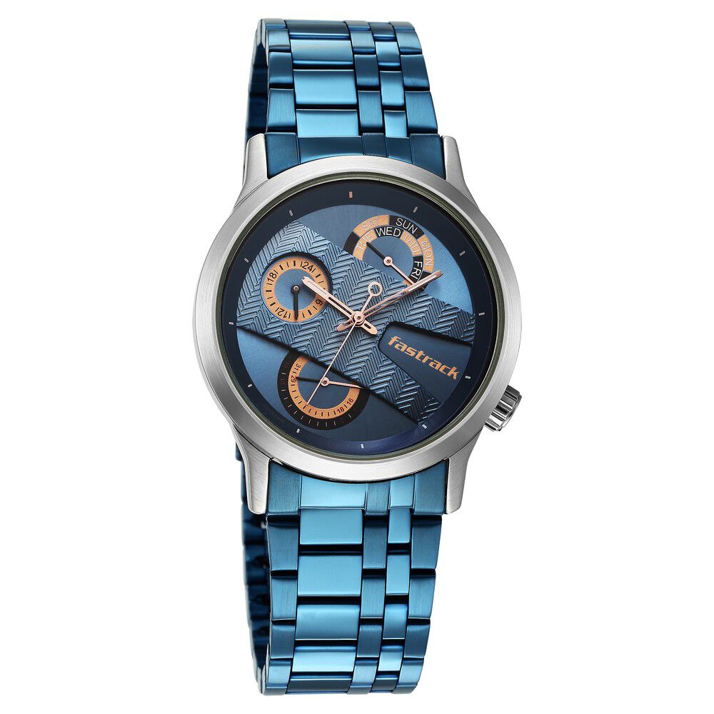 Fastrack Exuberant Quartz Analog Blue Dial Metal Strap Watch for Guys