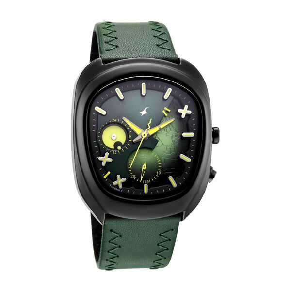 Fastrack Spooky Quartz Multifunction Watch for Men with Dark Green Dial and Green Leather Strap - image number 1