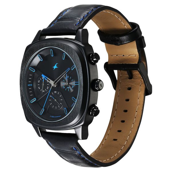 Fastrack Kronos Chronograph Black Dial Black Leather Strap Watch For Guys - image number 2