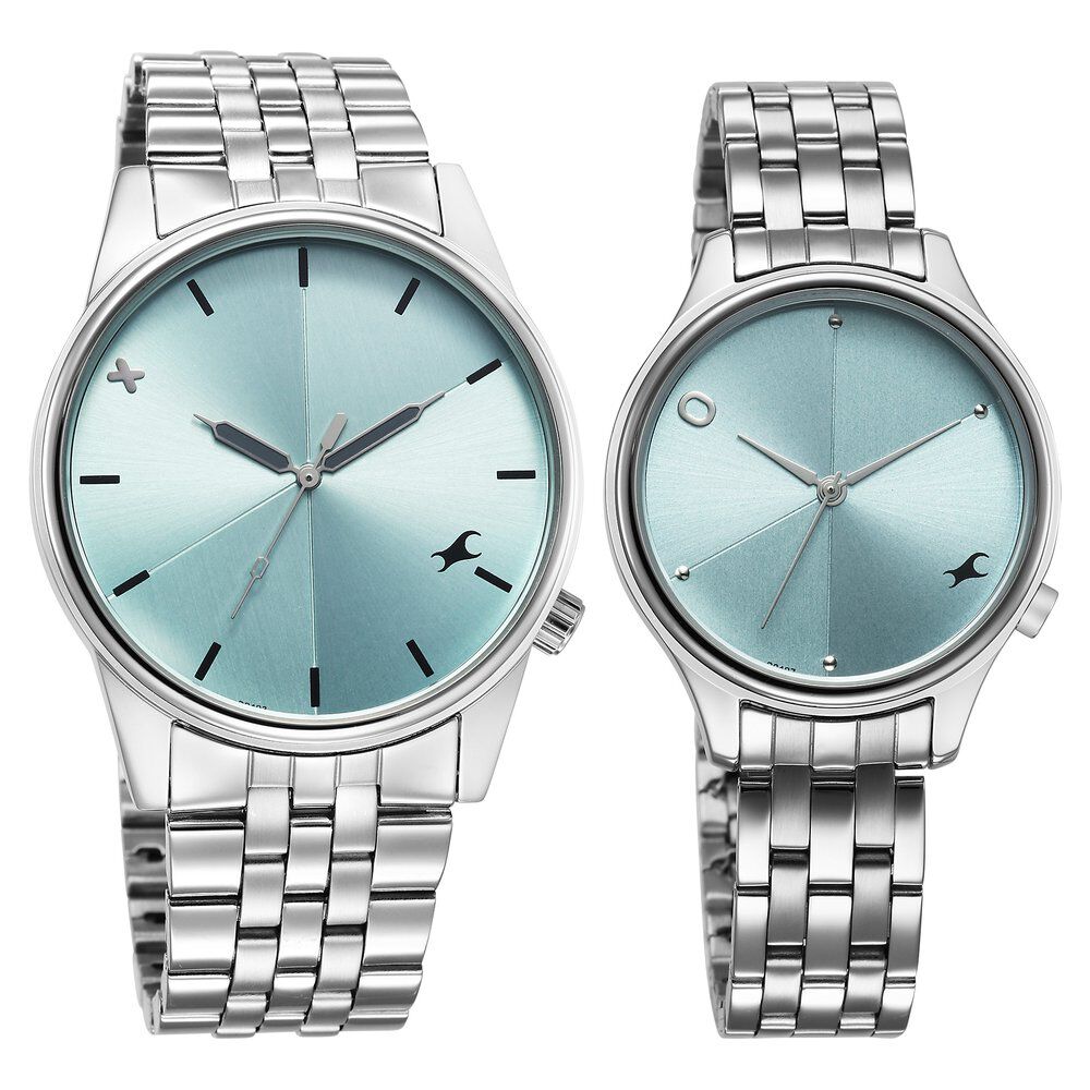 Buy Online Fastrack Mixmatched Quartz Analog Blue Dial With Silver Metal Strap Watch For Couple 33056296sm02p Fastrack