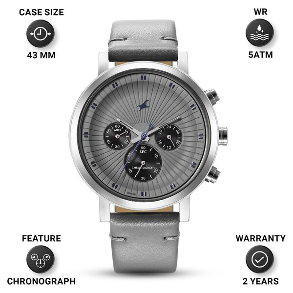 Fastrack Kronos Multifunction Grey Dial Leather Strap Watch for Guys - image number 2