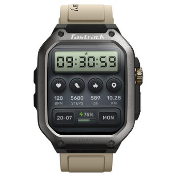 Fastrack Active Pro with 4.69 cm AMOLED Display and AOD, Functional Crown, BT Calling Rugged Smartwatch with Khaki Strap