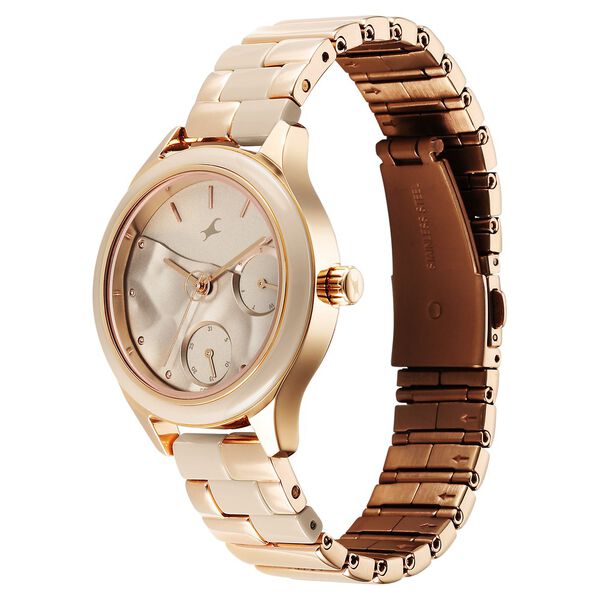 Fastrack Cerame Quartz Multifunction Beige Dial With Champagne Color Steel & Ceramic Strap Watch For Girls - image number 3