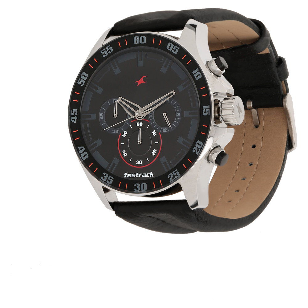 Fastrack Big Time Quartz Chronograph Black Dial Leather Strap