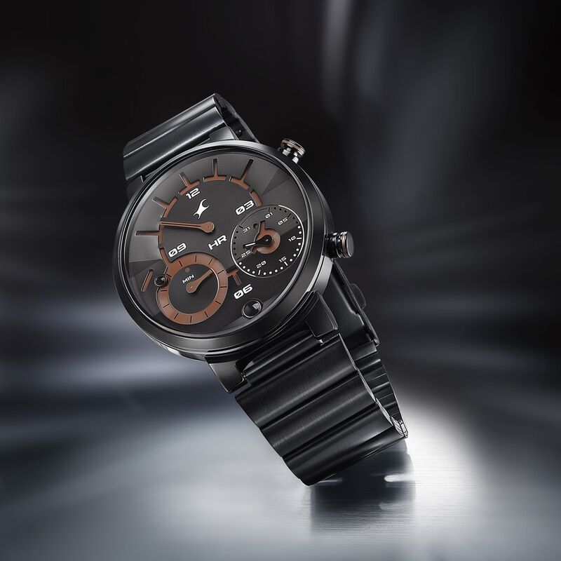 Buy Online Fastrack Gambit Micromotor Black Dial Black Metal Strap