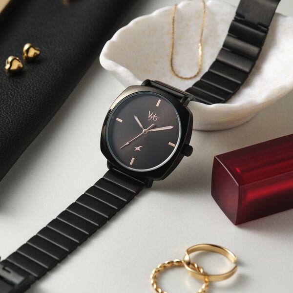 Fastrack Vyb Minimalist Quartz Analog Black Dial Black Color Metal Strap Watch For Girls - image number 0