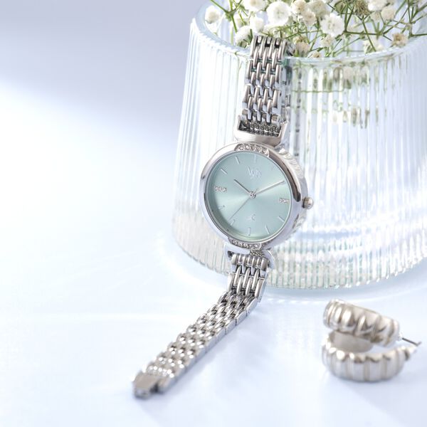 Fastrack Vyb Charmer Quartz Analog Green Dial Silver Color Metal Strap Watch For Girls - image number 0