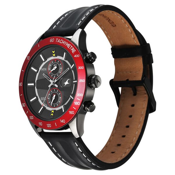 Fastrack Overdrive Quartz Chronograph Tachymeter Grey Dial Black Leather Strap Watch For Guys - image number 2