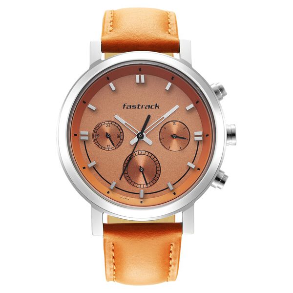 Fastrack Tick Tock Quartz Multifunction Orange Dial Leather Strap Watch for Guys - image number 2