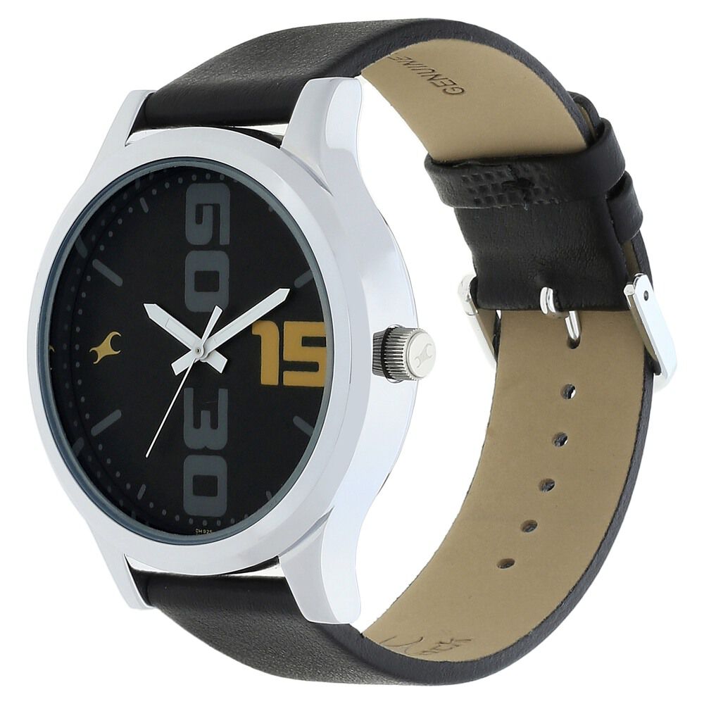 Buy Online Fastrack Bold Quartz Analog Black Dial Leather Strap Watch for Guys nm38051sl04 Fastrack
