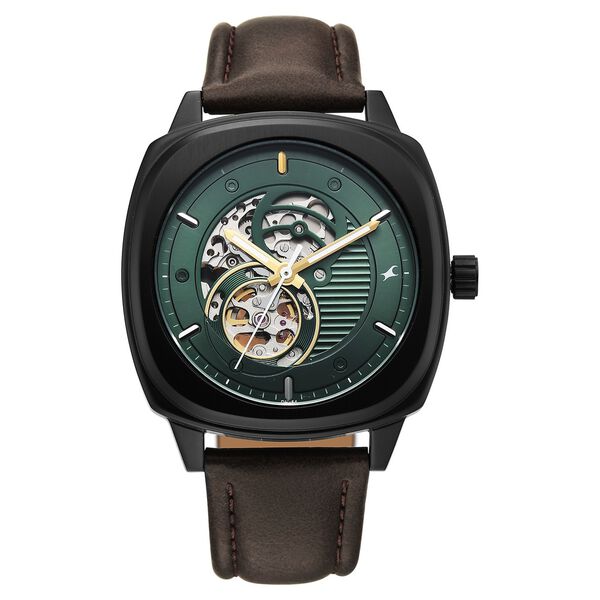 Fastrack Automatics Collection Green Dial Brown Leather Strap Watch For Guys - image number 0