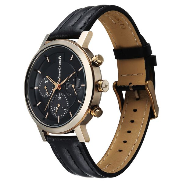 Fastrack Chrome K Quartz Multifunction Black Dial Black Leather Strap Watch For Guys - image number 2