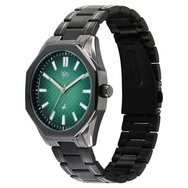 Vyb Quest By Fastrack Quartz Analog Green Dial Grey Metal Strap Watch For Guys - image number 2