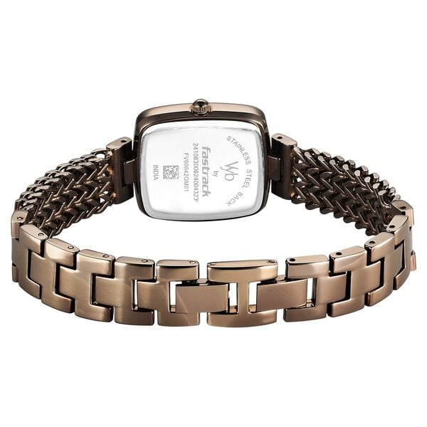 Fastrack Vyb Showstopper Quartz Analog Golden Dial Brown Metal Strap Watch For Girls - image number 5