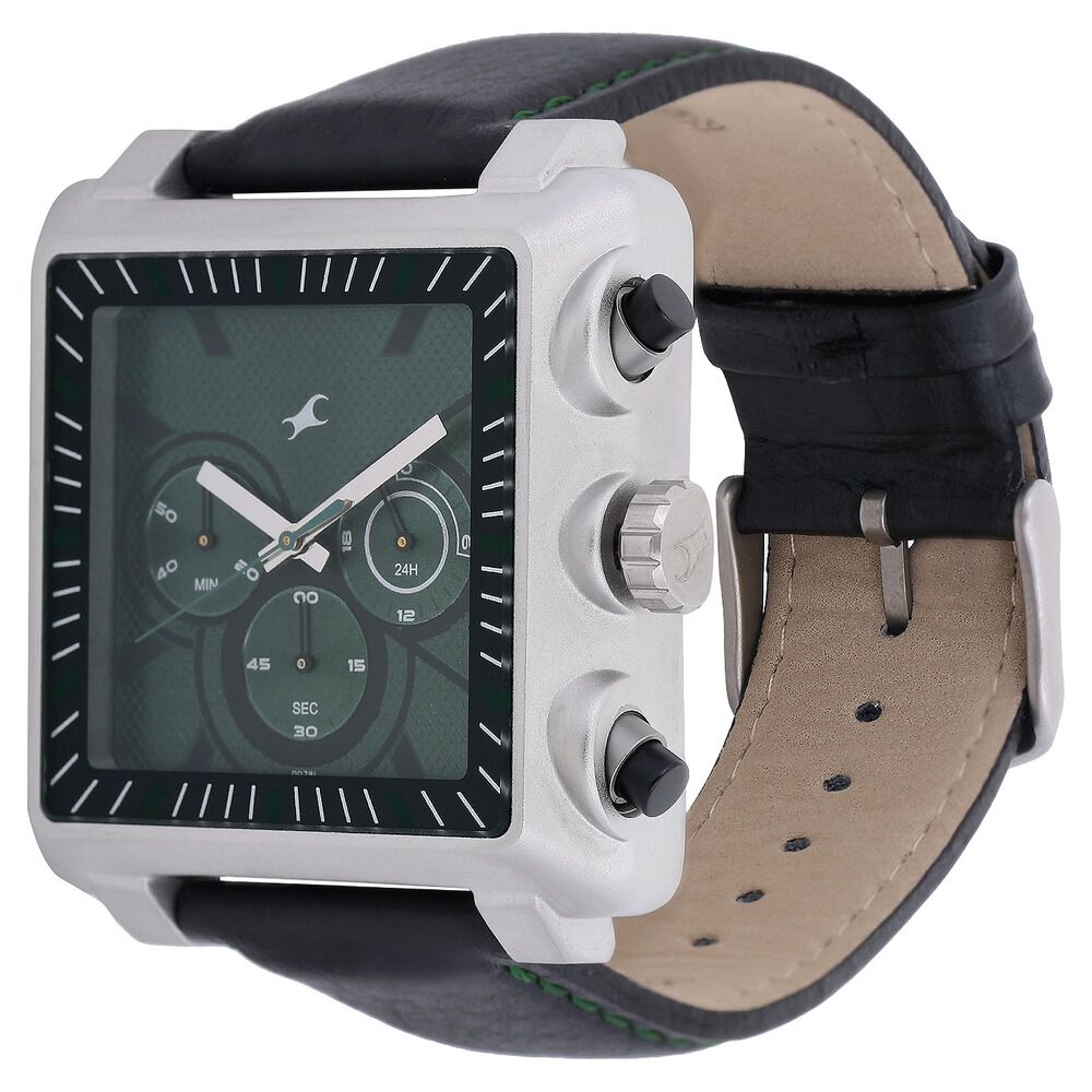 Buy Online Fastrack Quartz Chronograph Green Dial Leather Strap Watch for Guys 3111sl02 Fastrack