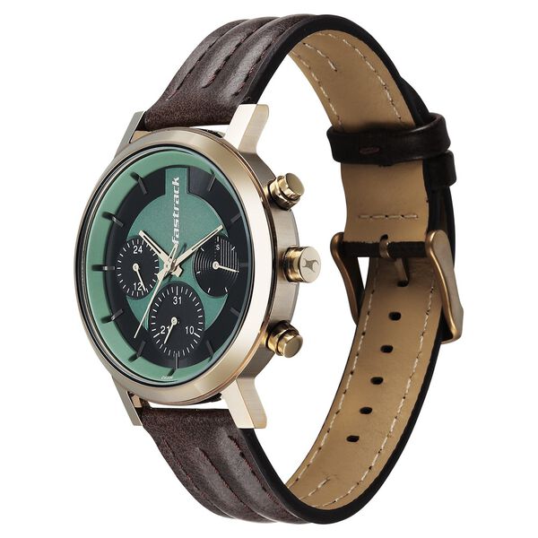 Fastrack Chrome K Quartz Multifunction Green Dial Brown Leather Strap Watch For Guys - image number 2