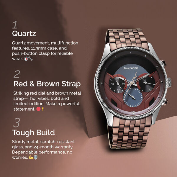 Fastrack Thor Quartz Multifunction Red Dial Metal Strap Watch for Guys - image number 1
