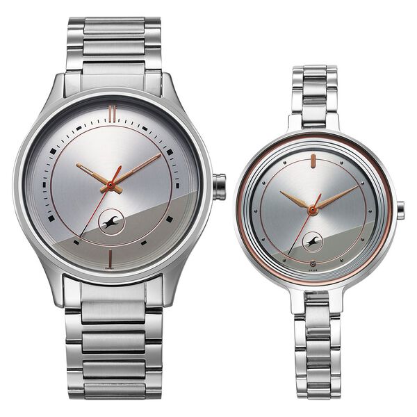 Fastrack Mixmatched Quartz Analog Silver Dial Silver Stainless Steel Strap Watch For Couple - image number 0