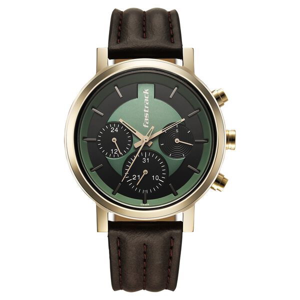 Fastrack Chrome K Quartz Multifunction Green Dial Brown Leather Strap Watch For Guys - image number 0