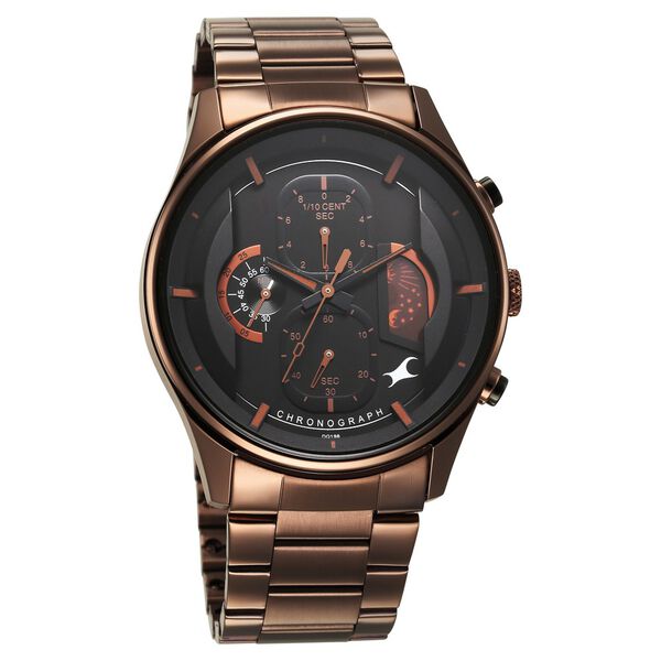Fastrack Opulence Sun Moon Chronograph Black Dial Brown Metal Strap Analog Quartz Watch For Guys - image number 2