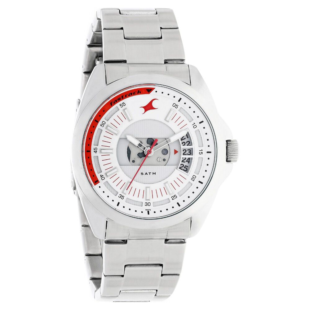 Buy Online Fastrack Loopholes Quartz Analog with Date White Dial Stainless Steel Strap Watch for Guys 38049sm02 Fastrack