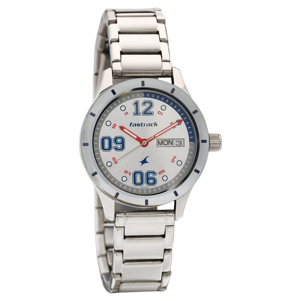 Fastrack Quartz Analog with Day and Date Silver Dial Stainless Steel Strap Watch for Girls