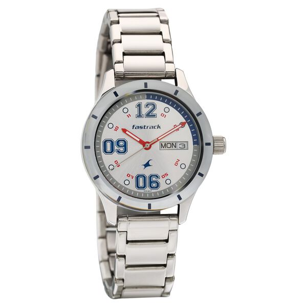 Fastrack Quartz Analog with Day and Date Silver Dial Stainless Steel Strap Watch for Girls - image number 0