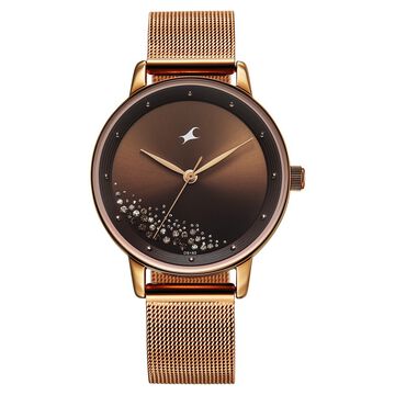 Fastrack Style Up Quartz Analog Brown Dial Rose Gold Colour Stainless Steel Strap Watch For Girls