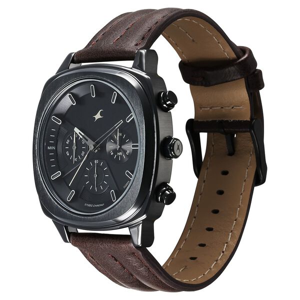 Fastrack Kronos Chronograph Black Dial Brown Leather Strap Watch For Guys - image number 2