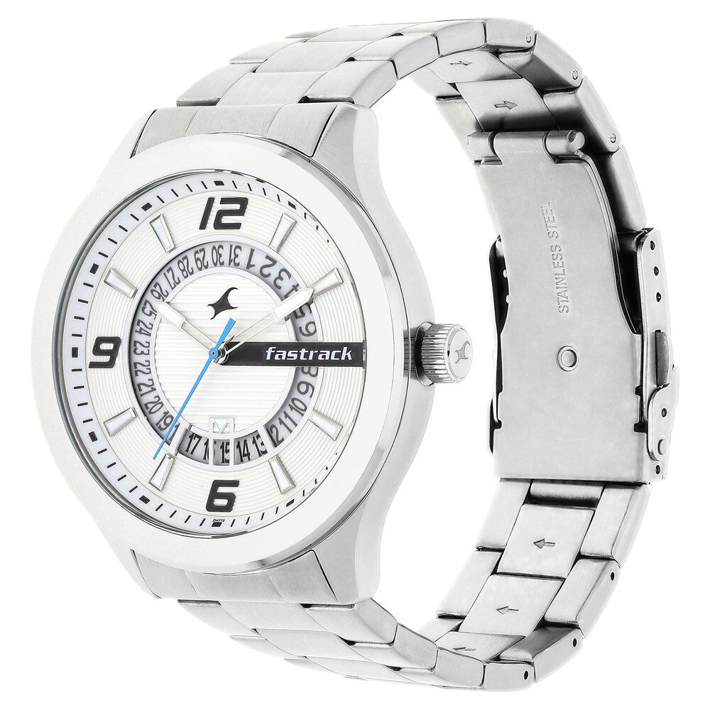 Buy Online Fastrack Loopholes Quartz Analog with Date White Dial Stainless Steel Strap Watch for Guys 38050sm01 Fastrack