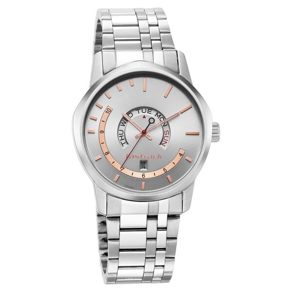 Fastrack Exuberant Quartz Analog with Day and Date Silver Dial Metal Strap Watch for Guys - image number 1