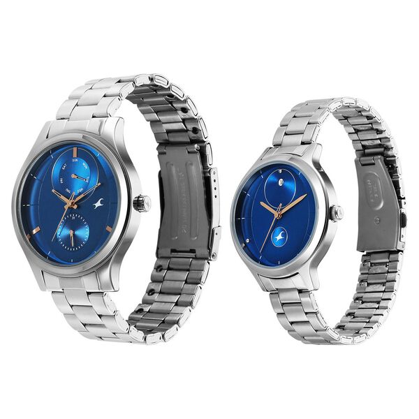 Fastrack Mixmatched Quartz Multifunction Blue Dial Silver Stainless Steel Strap Watch For Couple - image number 3