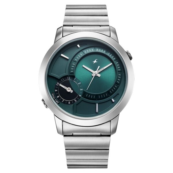 Fastrack Pulse IV Dual Time Watch for Men with Teal Green Sunray Dial & Silver Metal Strap - image number 0