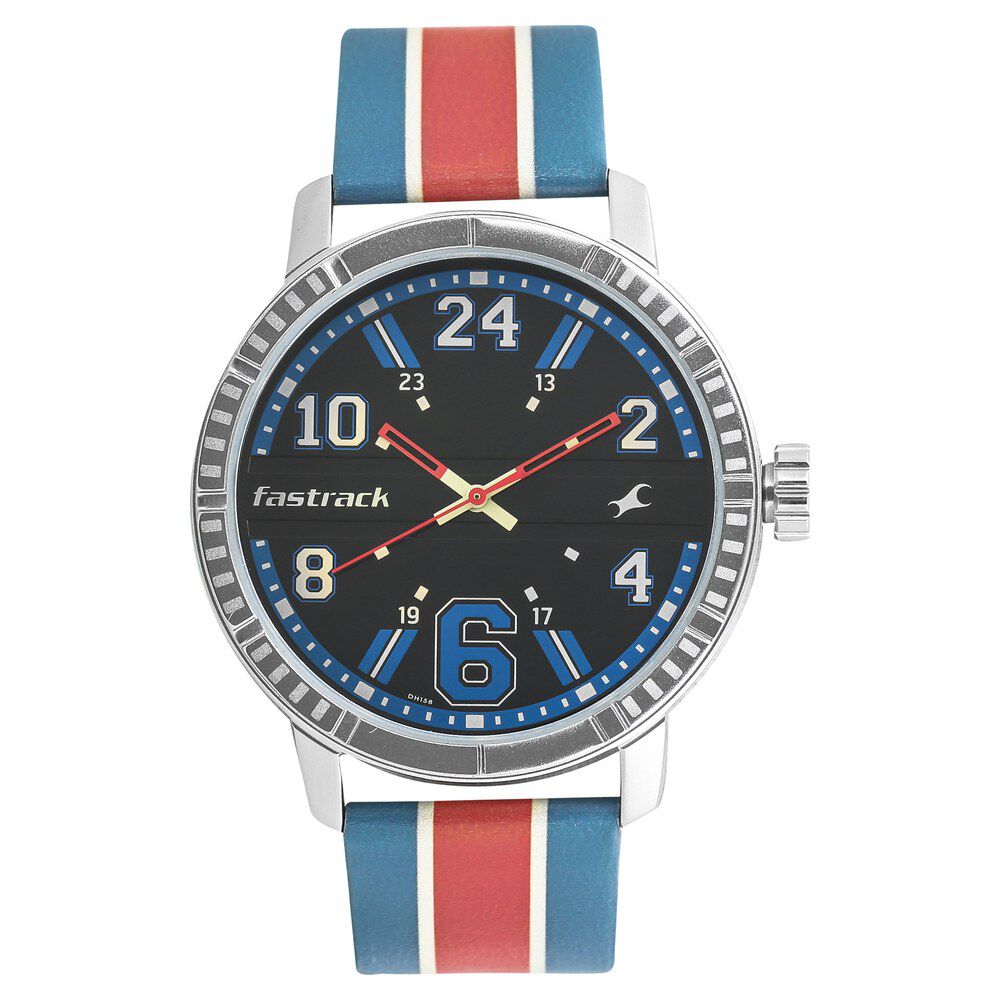 Buy Online Fastrack Varsity Quartz Analog Black Dial Leather Strap Watch for Guys 3178sl01 p Fastrack