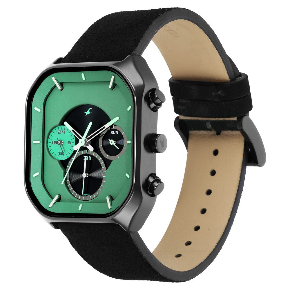 Buy Online Fastrack After Dark Quartz Analog with Day and Date Green Dial Leather Strap Watch for Guys ns3270nl01 Fastrack