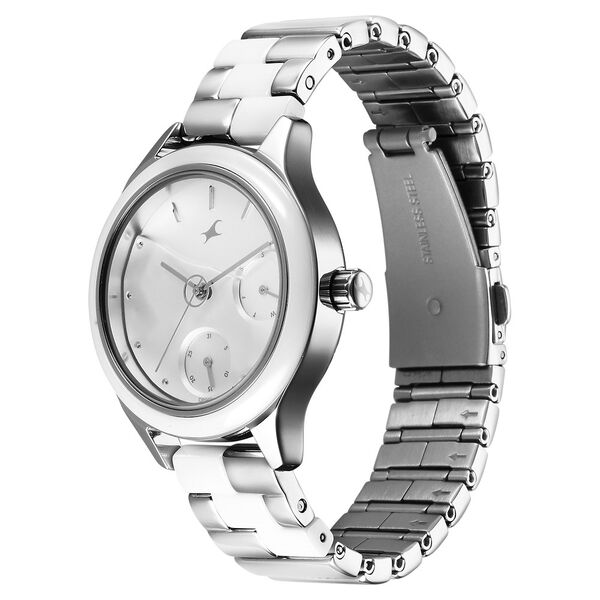 Fastrack Cerame Quartz Multifunction Silver Dial With Silver Color Steel & Ceramic Strap Watch For Girls - image number 3